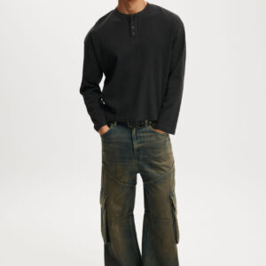 Relaxed Fit Textured Henley Long Sleeve